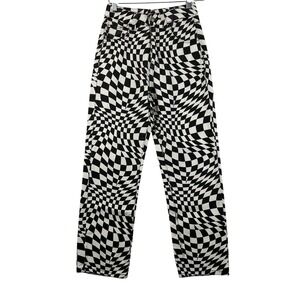 Princess Polly Boho Checkered Print Jeans High Waist Straight Leg Black White 4‎